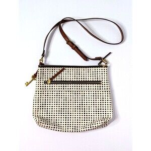 Fossil Fionia White Polka Dot Crossbody Purse Coated Canvas Leather Trim